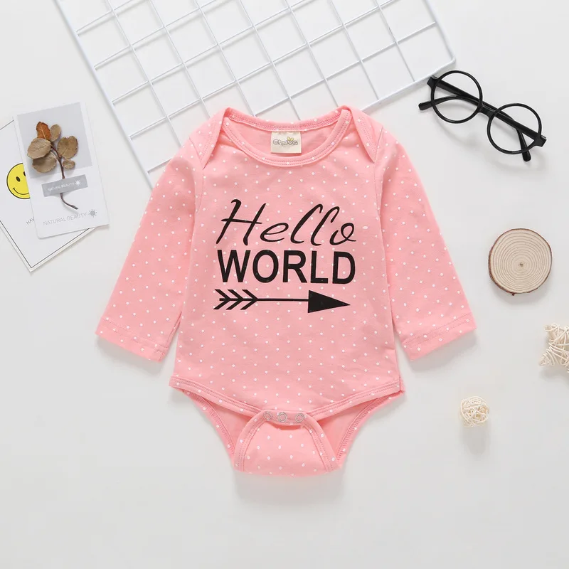 Murah 2019 Bayi Perempuan Pakaian Set Lengan Panjang Katun Hello World Baju Monyet + Celana + Headband 3 Pcs Set Bayi gadis Pakaian Pakaian