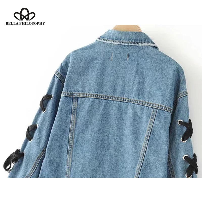 2018 Femmes Bleu Jean Veste Automne En Pour Casual Philosophie Hiver Bella Mode Manches Femme Survêtement Manteau Bretelles qag51nS7