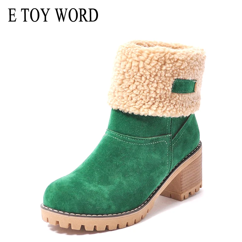 

E TOY WORD Hot Sale Big Size 41-43 Women Boots Winter keep Warm Slip-On Platform Snow Boots Thick heel 6cm Round toe short boots