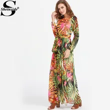 Sheinside Tropical Maxi Dress Women Multicolor Boho Self Tie Full Length Chiffon Summer Dresses 2017 Casual Zip Beach Long Dress