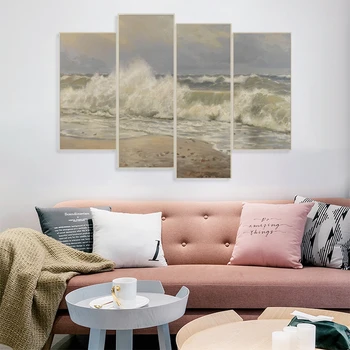 

Laeacco Abstract 4 Panel Posters Prints Seaside Wave Wall Artworkwork Canvas Painting Nordic Home Living Room Decoration