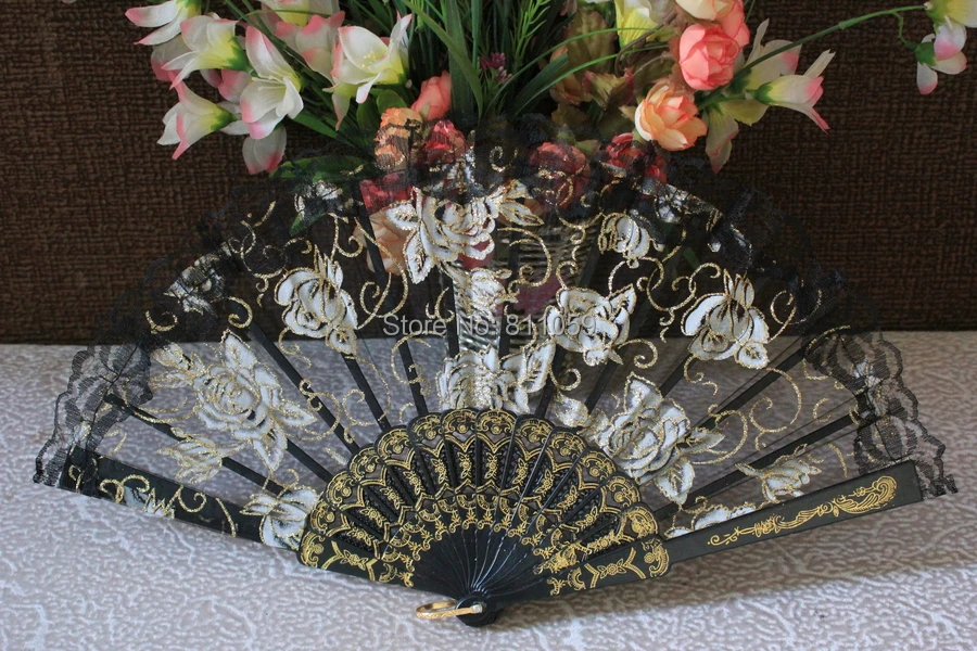 

Free shipping 72pcs/lot Spanish style rose flower design plastic frame lace hand fan,craft folding fan