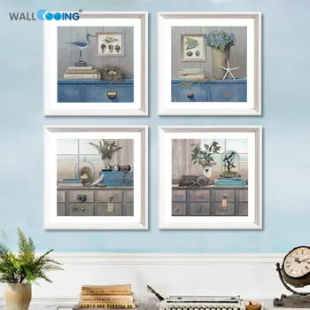 

4 Piece Elegant Blue Style Flowers Pictures Still Life Oil Painting Modern Wall Art Print on canvas painting for Home Decoration