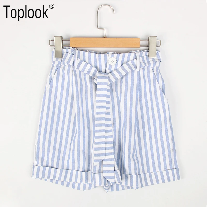 Toplook Sexy Striped Sashes Shorts 2018 Summer High Waist Blue Slim Shorts Skirts Casual Zipper Pockets Women Shorts Female Hot