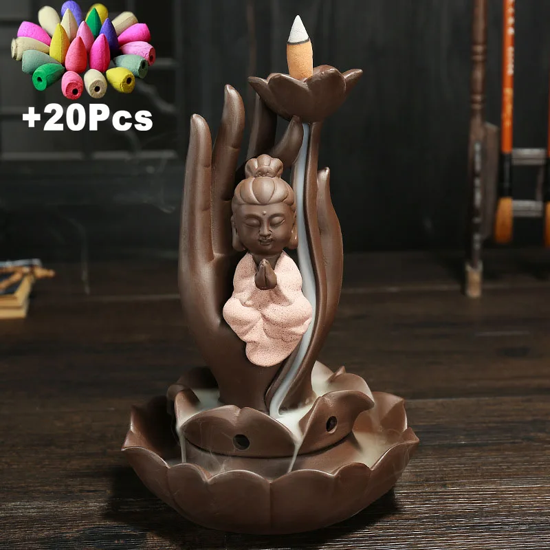 

Free Gift 20Pcs Cones Lotus Buddha's-hand Backflow Incense Burner Incense Coil Holder Buddha Ceramic Censer