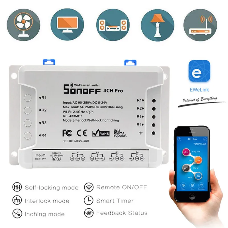 

Sonoff 4CH Pro R2 Smart Home Wifi Switch 4 Gang Inching Self-Locking Interlock Control Smart Switch App Remote Switch