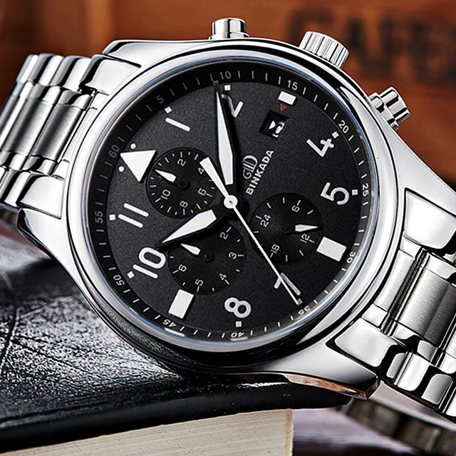 BINKADA Full Steel Military Mechanical Watches Men Function Watch