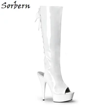 Sorbern/женские сапоги до середины икры из лакированной Pu искусственной кожи цвета фуксии; сверхвысокий Каблук 15 см со шнуровкой и открытым носком на платформе 5 см; женская обувь на прозрачном каблуке