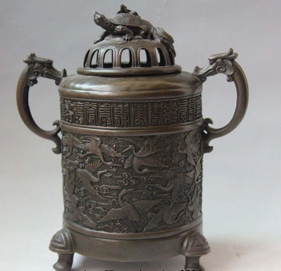 

10 China Palace Bronze Copper Turtle hundred Crane Dragon Incense Burner Censer