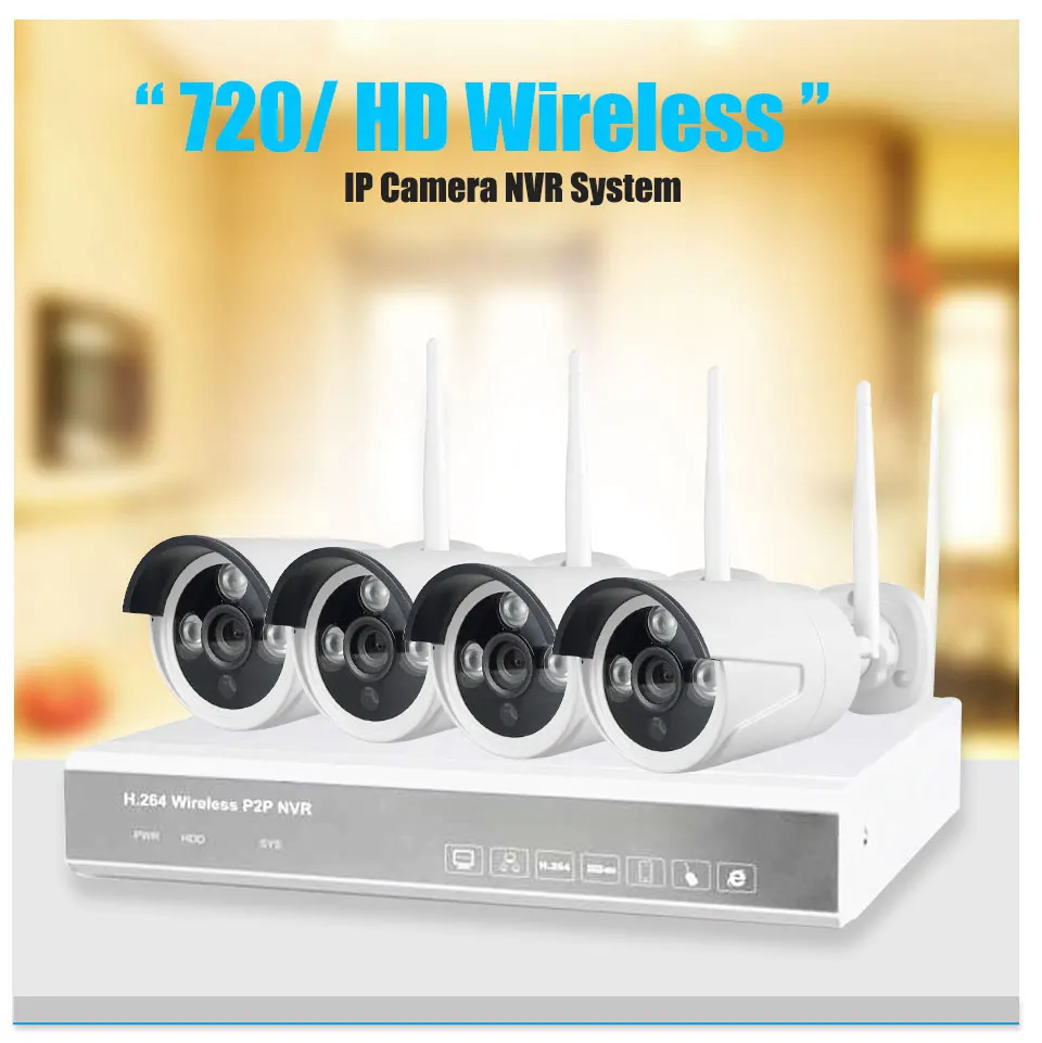 4CH Беспроводная NVR CCTV система wifi 1.0MP ИК внешняя цилиндрическая камера P2P IP камера водонепроницаемая безопасность видеонаблюдение wi-fi-комплект