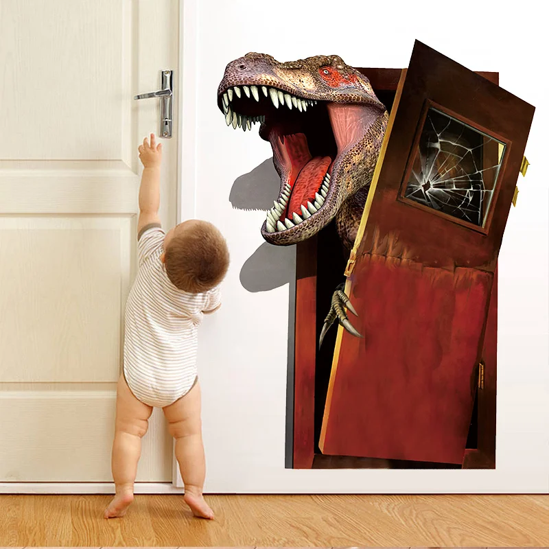 3d broken wall cool Dinosaurs Wall Stickers Home Decoration Cartoon Living Room Jurassic Period Animals Decal Mural Art Poster