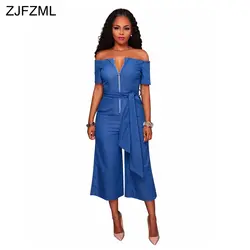 ZJFZML специальные дизайн 2018 Популярные джинсовые комбинезон женщин синий slash средства ухода за кожей шеи короткий рукав комбинезон