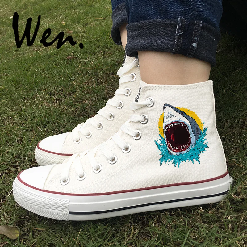

Wen Design Sea Shark Teeth Opened Mouth Sneakers High Top White Black Choices Unisex Adults Lace Up Athletic Canvas Shoes