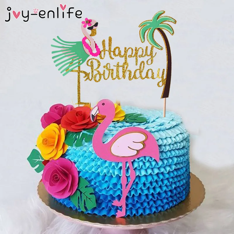 

Flamingo Happy Birthday Cake Topper Tropical Theme Party Aloha Cupcake Toppers Wedding Decoration Baby Shower Flamingo Party