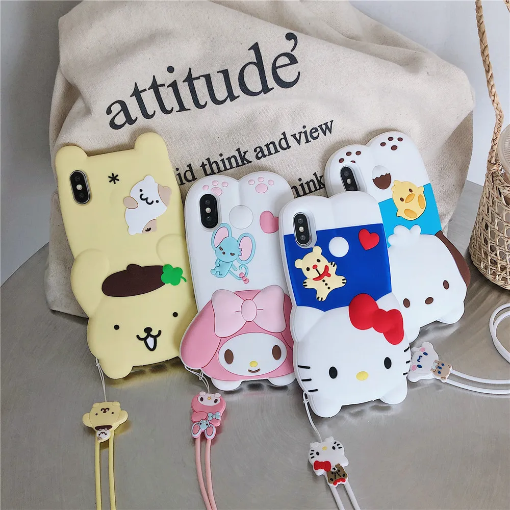 3D Anime My melody Hello kitty soft silicone phone case for iphone 11 pro max 6 7 8 plus X XR XS MAX Cinnamoroll Lanyard Cover