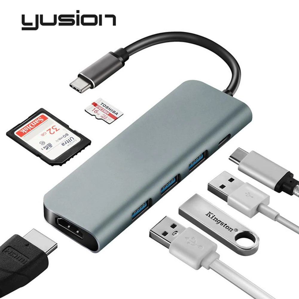 

YuUSB C Type-C To HDMI 4K MultiPort Hub With SD/TF Slot 3 USB3.0 PD Charging 7-in-1 Adapter For Macbook Pro Huawei Book