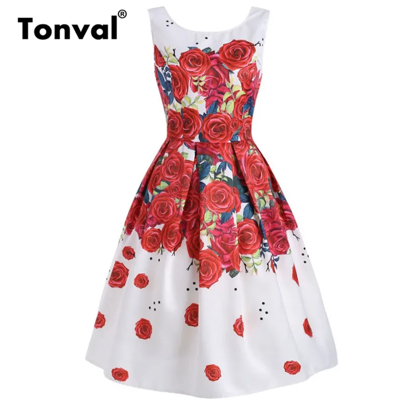 

Tonval Women White with Rose Flower Elegant Pleated Dress Summer Backless O-Neck Vintage Floral Midi Dresses