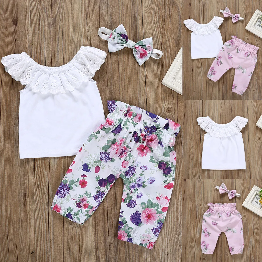 

Newborn Kids Baby Girls Outfits Sleeveless Ruffled Solid Shirt Tops+Floral Pants+Headband Set Summer Girls Clothes Children Suit