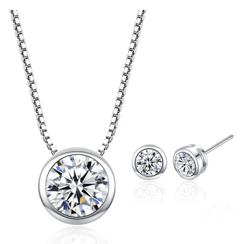 

Classic Simple Korean Style Round Crystal Pendant Necklace Earrings 925 Sterling Silver Jewelry Set For Girlfriend Gifts