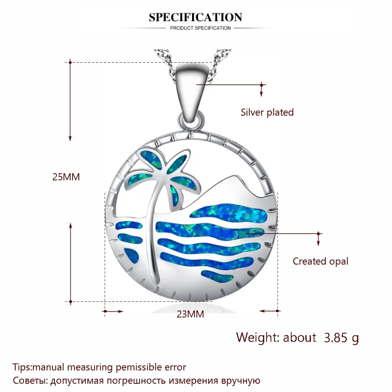 ROLILASON Round Beach coconut trees Blue Fire Opal Silver Stamped 925 Necklace Pendants for women OP751