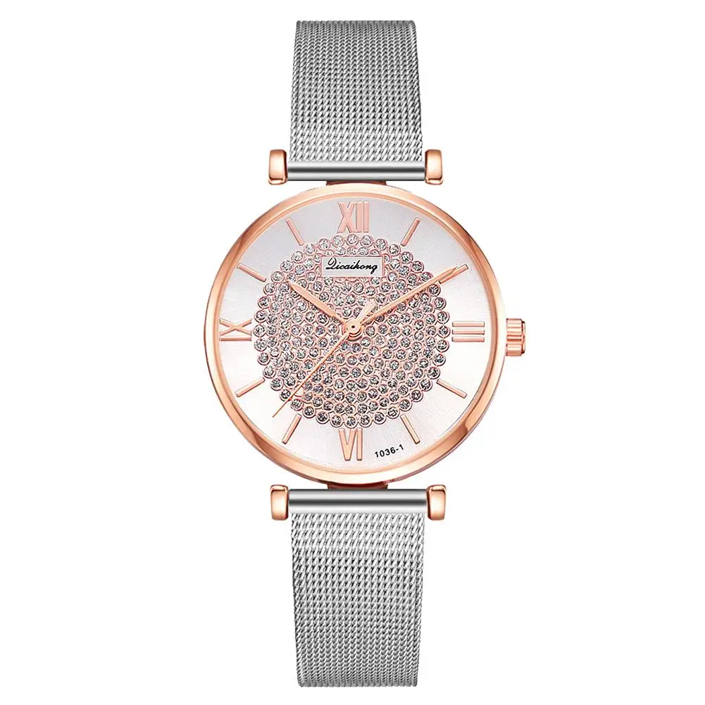 

Bluelans Roman Number Rhinestone Inlaid Round Women Mesh Band Quartz Wrist Watch