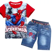 Коллекция года, розничная, летний детский комплект с человеком-пауком, модная детская рубашка с рисунком комплект с джинсовыми шортами, самая популярная одежда для маленьких мальчиков Детский комплект
