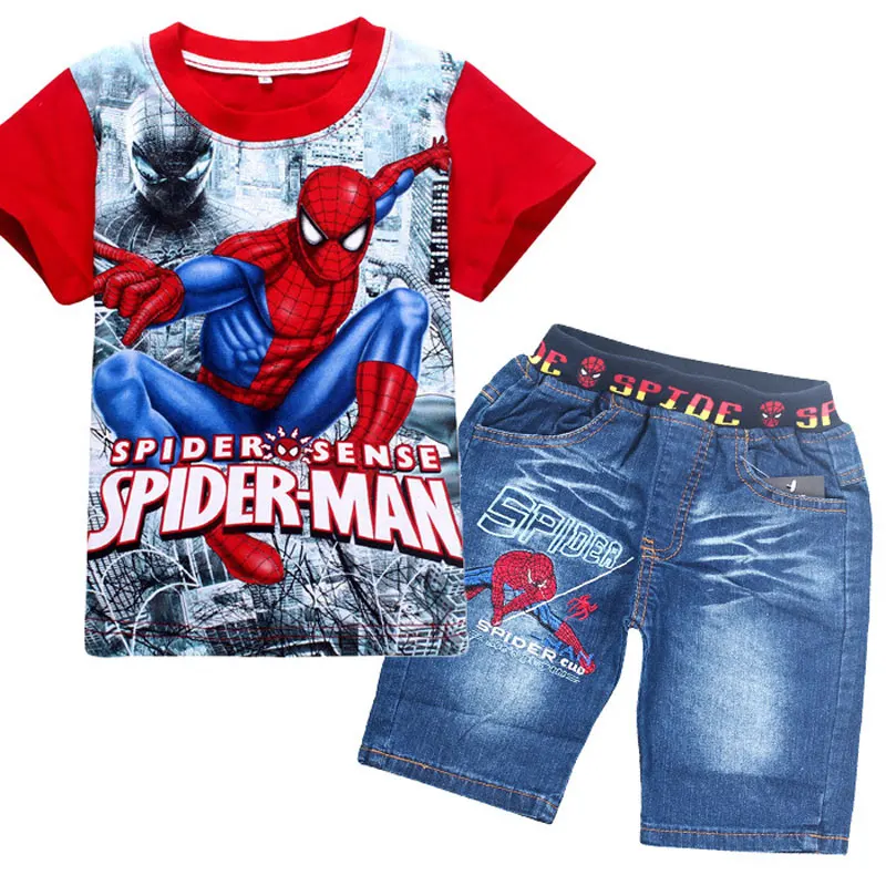 

2018 Summer Retail Spider-Man Kids Set Fashion Cartoon Kids Shirt Denim Shorts Set Most Popular Baby Boy Clothes Kids Set