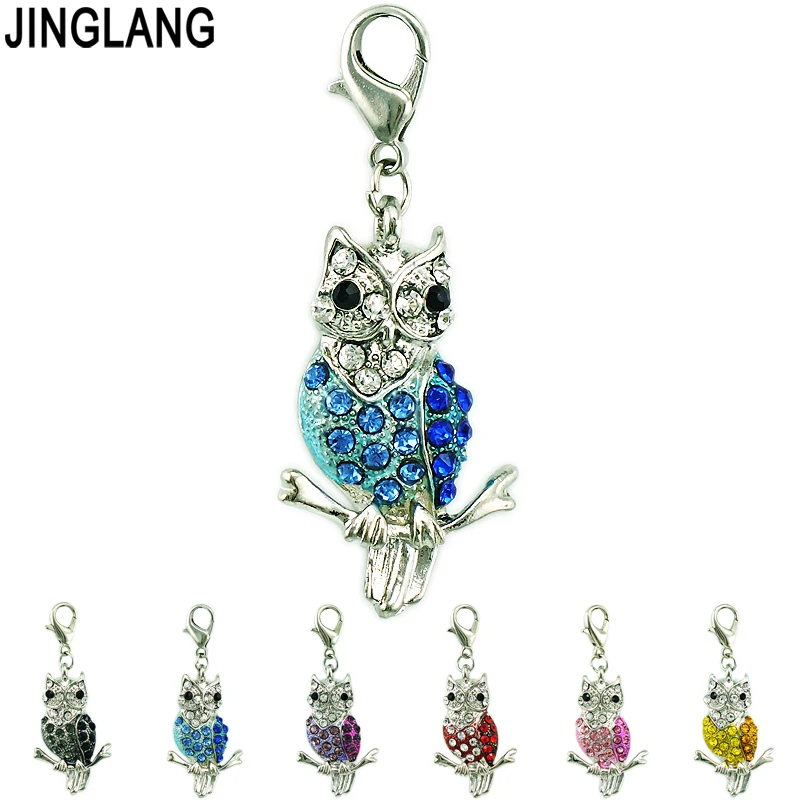 

JINGLANG Fashion Charms With Lobster Clasp Dangle 6 Color Rhinestone Owl Charms Animals DIY Pendant Jewelry Making Accessories