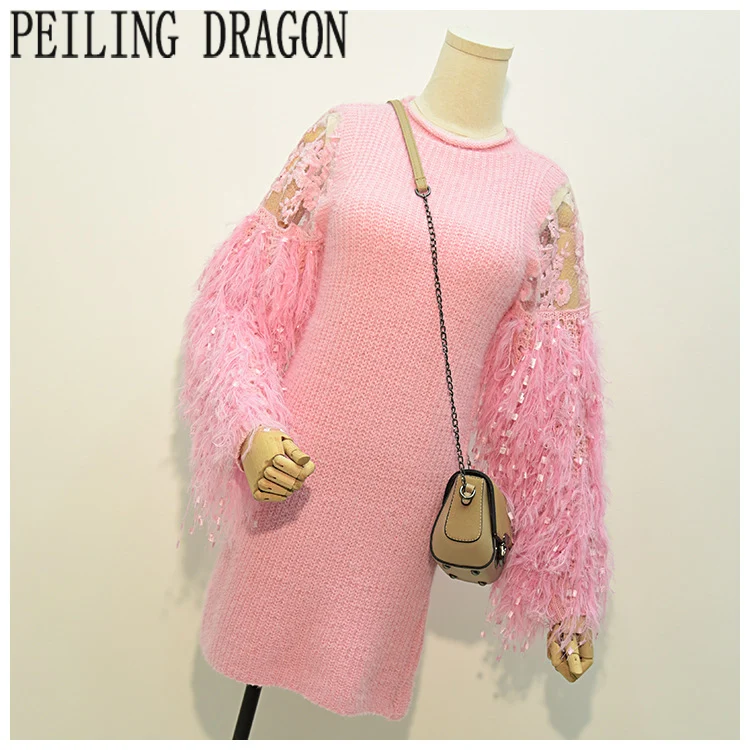 

PEILING DRAGON 2017 women autumn winter fur feather spliced tassel long sleeve knit sweater dress lantern sleeve pullover T468