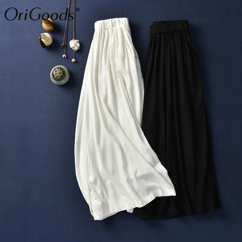 OriGoods льняные широкие брюки для женщин, эластичная талия, юбка, брюки, плюс размер, широкие брюки, женские оригинальные негабаритные брюки B192