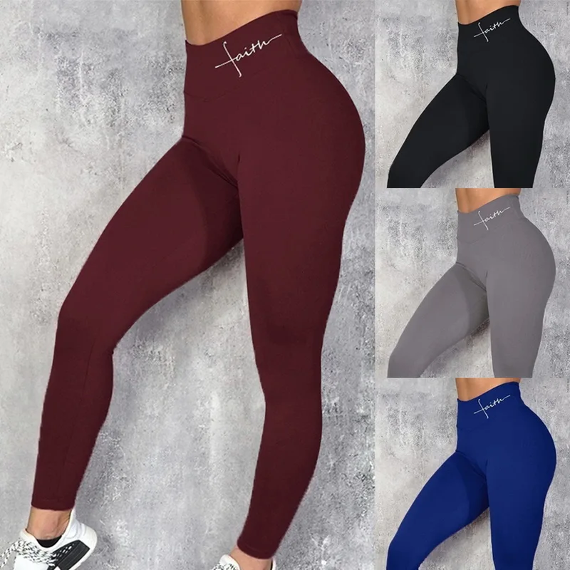 

Sexy Women High Waist Yoga Pants Letter Print Trousers Sport Leggings Fitness Elastic Seamless Female Push Up Gym Pants Running