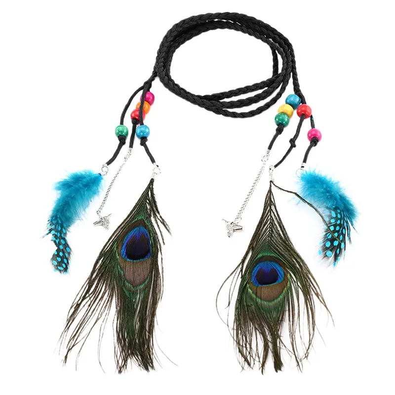 Women Bohemian Belt Braided Rope Peacock Feather Fringe Belt Waist Belt Elastic Waistband for men Fashion Accessory 40FE065