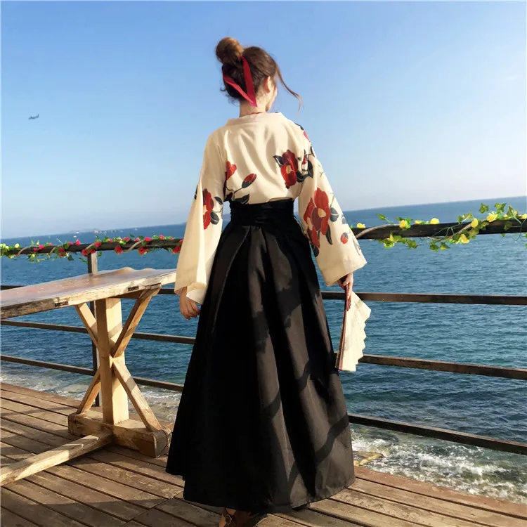 Hanfu/женская летняя юбка в китайском стиле, винтажная блузка с длинным рукавом и принтом и длинная юбка на шнуровке, комплект из двух предметов