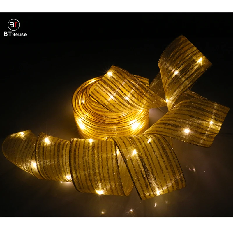 BTgeuse 2M 5M Organza Golden Striped Ribbon Lights for Bedroom Holiday Party Wedding Christmas and Garden Decoration Warm White BTgeuse 2M 5M Organza Golden Striped Ribbon Lights for Bedroom Holiday Party Wedding Christmas and Garden Decoration Warm White