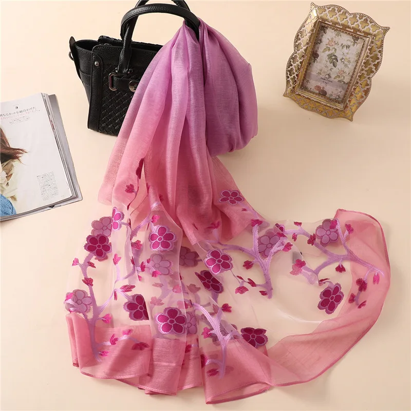 

2019 Spring Floral Embroidery Scarf Women Head Wraps Hijab Foulard Shawl Elegant Ladies Bandana Lace Long Organza Silk Scarves