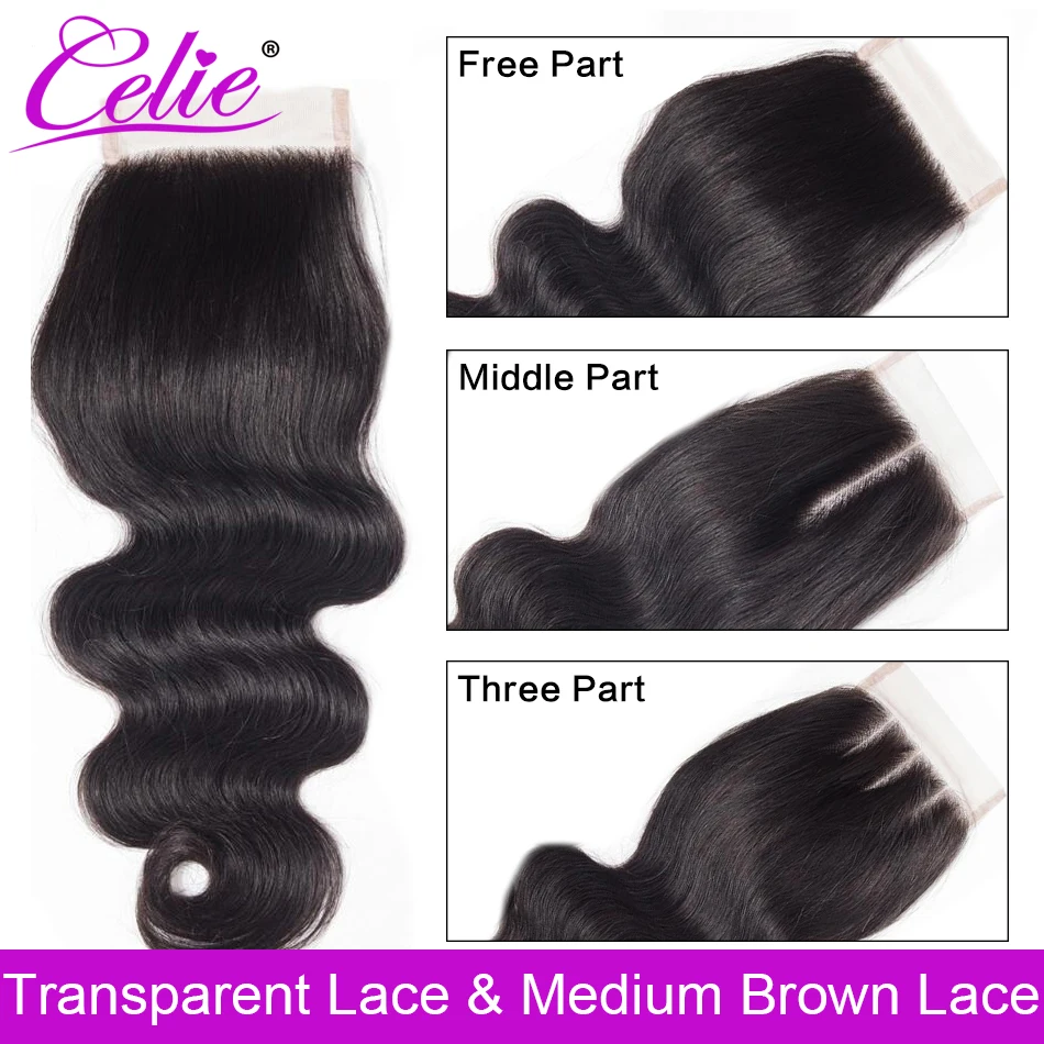 

Celie Brazilian Body Wave HD Closure 4x4 Transparent Swiss Lace Closure With Baby Hair Human Hair Closure Free Middle Three Part