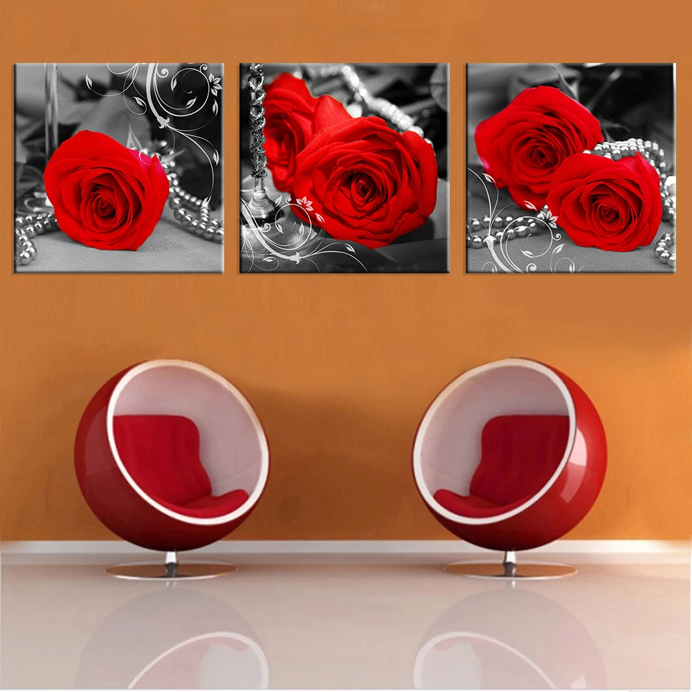 3 Pieces Red Black and White Rose Flower Canvas painting Oil modular