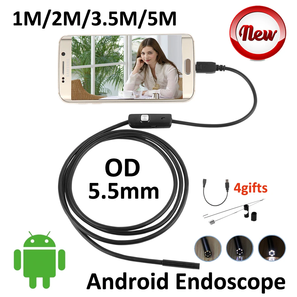 5M Android OTG USB Endoscope Camera 5.5mm OD 3.5M 2M 1M Flexible Snake