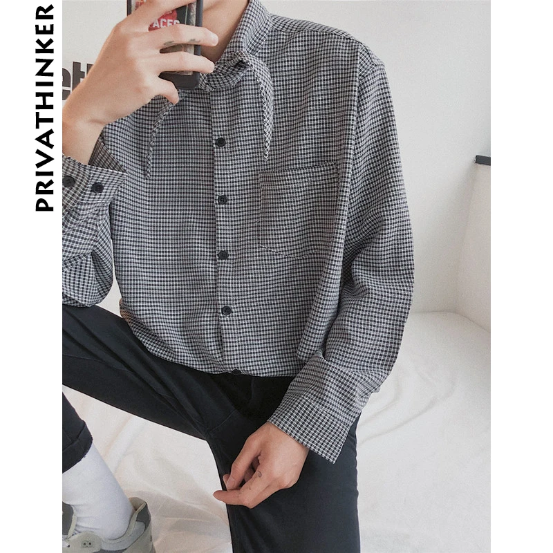 Privathinker 2018 Spring Mens Houndstooth Shirts Long
