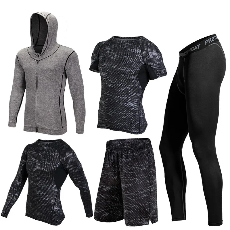 

2019 Warm 5pieces/set Sports Running Sets Men Quick Dry Basketball Jogging Suits Compression Sports Gym Fitness Training Clothes