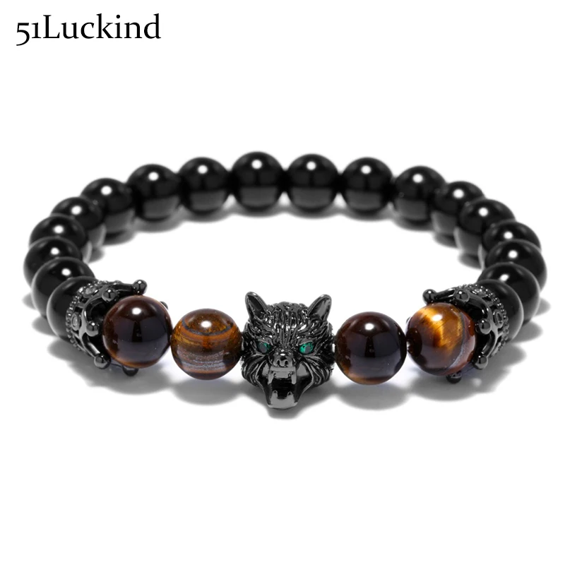 

Cool Animal Head Wolf Design Strand Bracelet Luxury Crown Natural Stone Punk Braclets For Men Biker Jewelry Accessories
