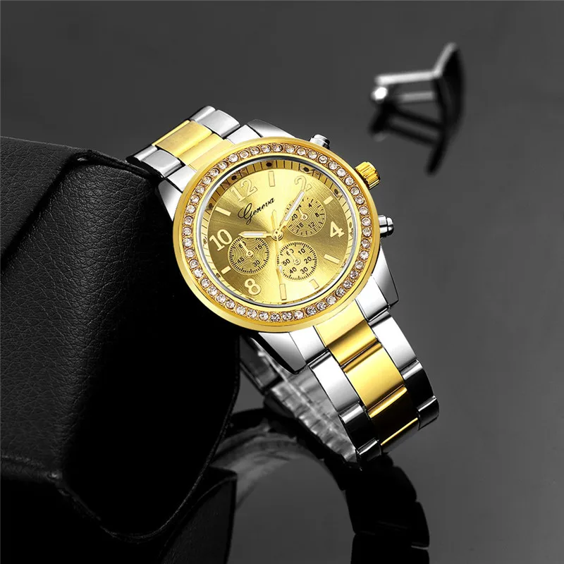 Модные часы GENEVA Для мужчин Роскошные нержавеющей стали досуг дамы кварцевые наручные часы Горячая продажа Relogio Masculino A4