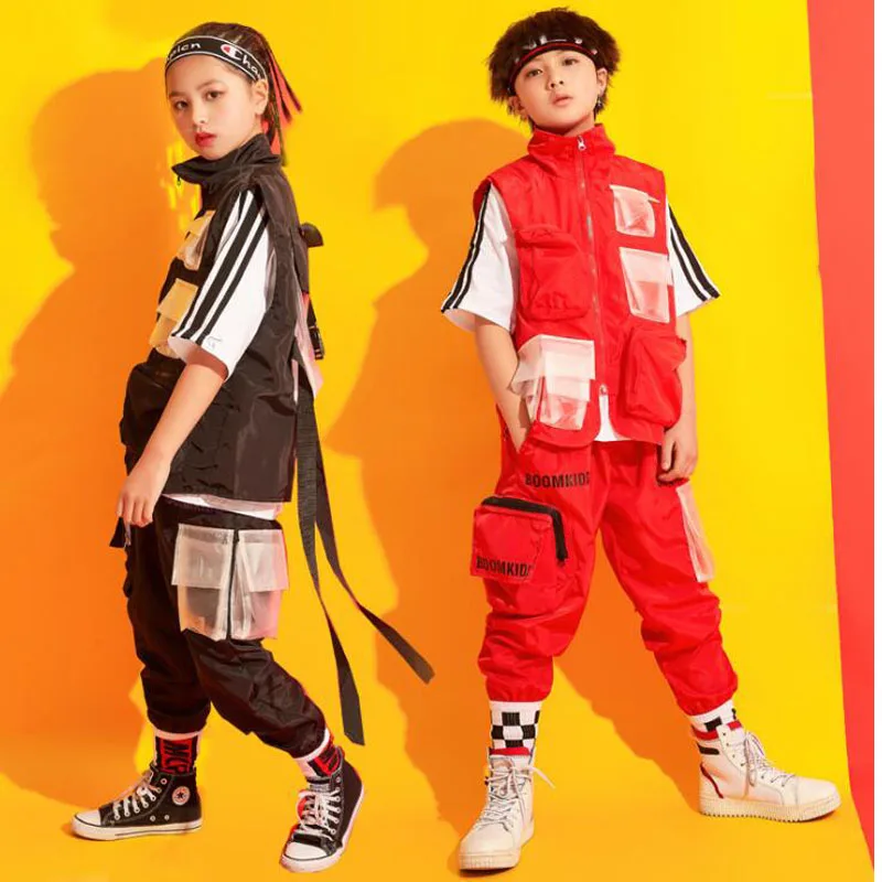 

Red Black Dance Costume Short Sleeve Girls Street Dance Outfits Wear Performance Clothing Hip Hop Stage Wear Street Clothes