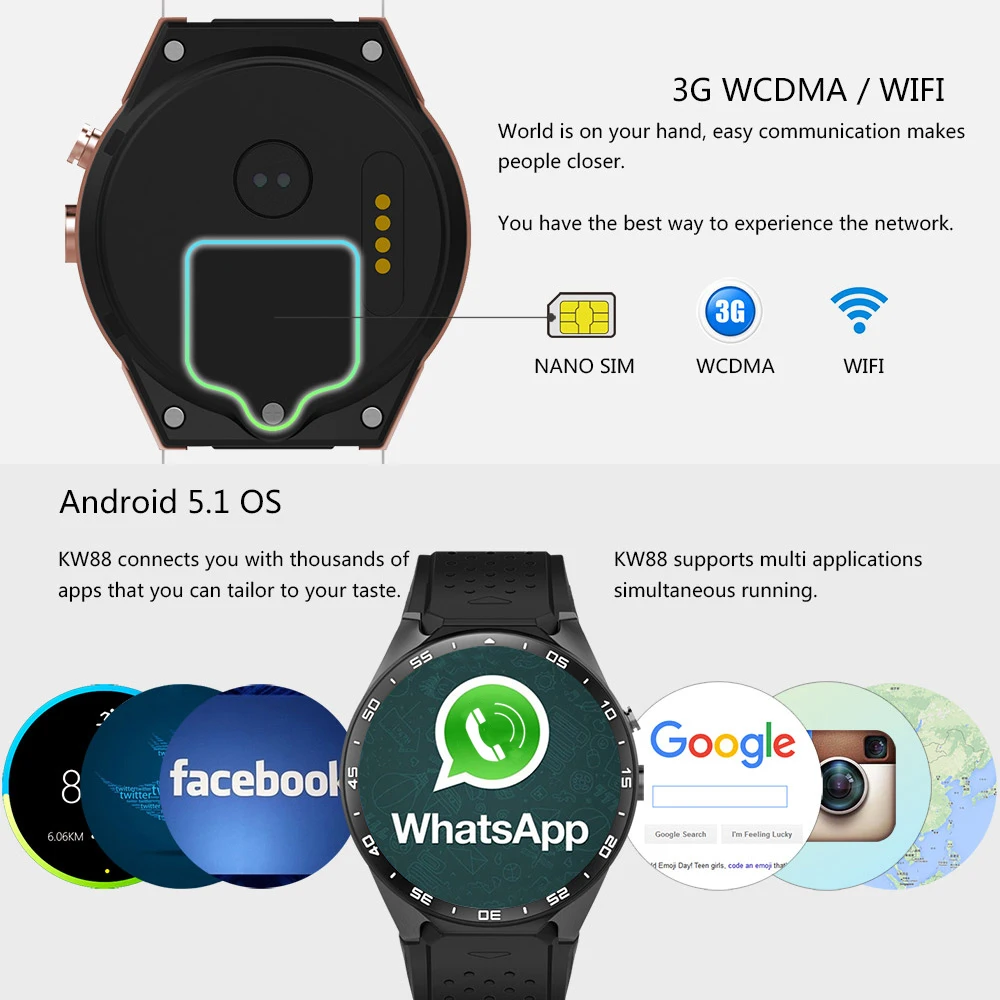 Kaimorui KW88 Bluetooth Smart Watch Android 5.1 OS 1.39' Amoled Screen 3G wifi Wireless Smartwatch Phone+Bluetooth earphone