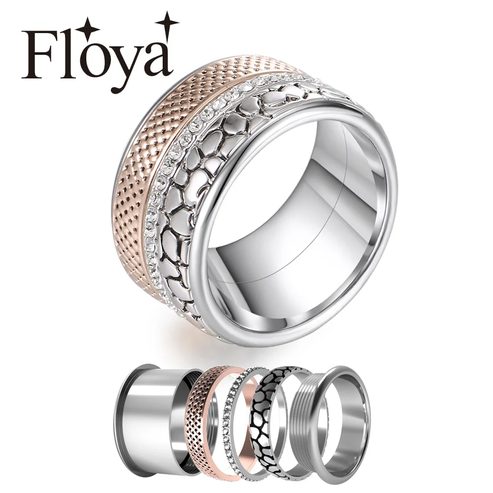 

Floya Stainless Steel Rings Vintage Band Zircon Ring Rose Gold Luxury Interchangeable Bijoux Femme Lovers Ring