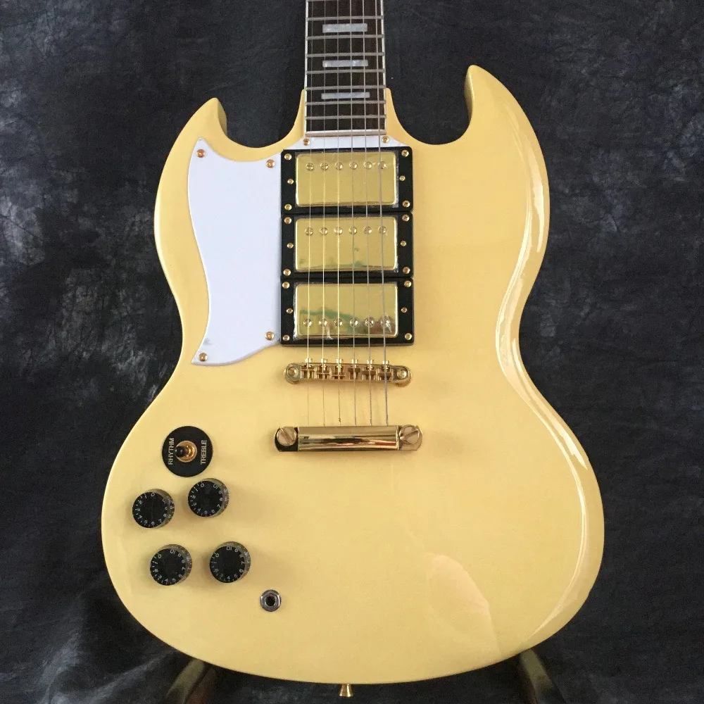 

2018 Wholesale Custom Shop Left Hand SG Electric Guitar Guitar Yellow 3 Pickup Real Picture Shooting Free Shipping