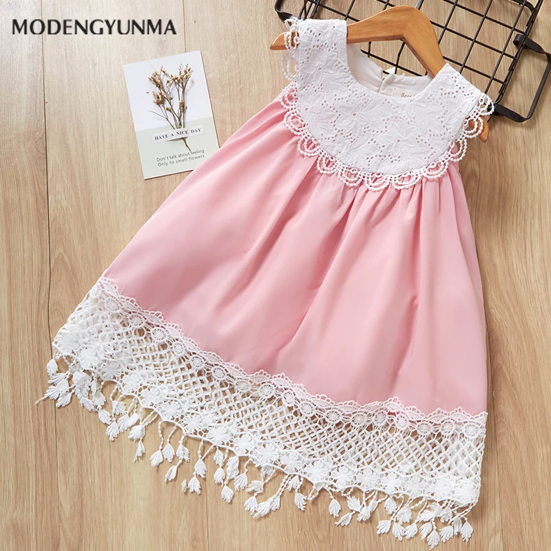 

Menoea Girls Dresses New Beautiful Hollow Tassel Princess Dress Cute Round Neck Girls Asymmetrical Dress Children's Clothing