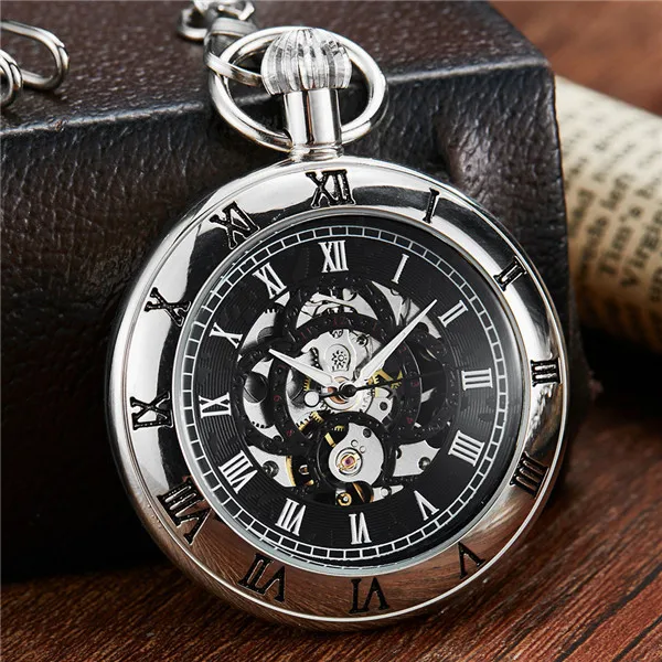 Уникальные бронзовые Механические карманные часы римские цифры Циферблат Скелет Дизайн Роскошные винтажные мужские механические карманные часы и брелок цепь - Цвет: Silver