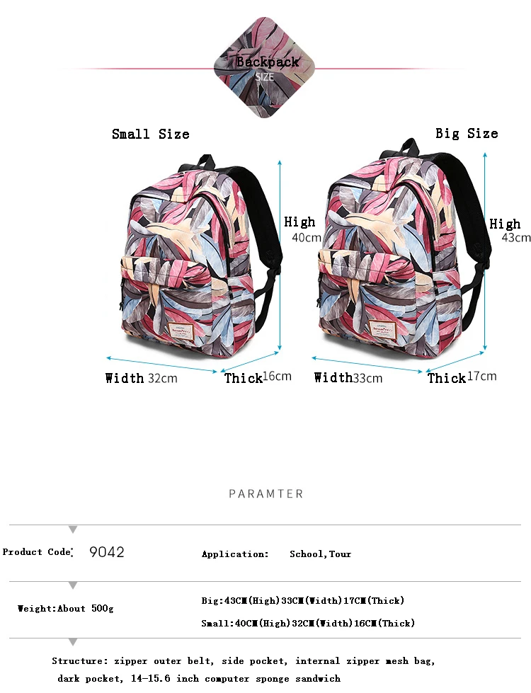 2018 свежий стиль для женщин рюкзаки перо ранцы с принтом полиэстер Рюкзак Школьная Сумка для обувь девочек Женский походный рюкзак