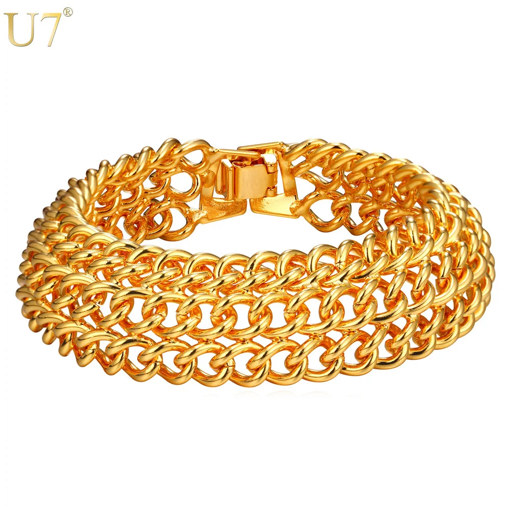 U7 Мужской Браслет Позолоченный 19 ММ Мужчины Ювелирные Изделия Рок Коренастый Себе Звено Цепи Браслет H836